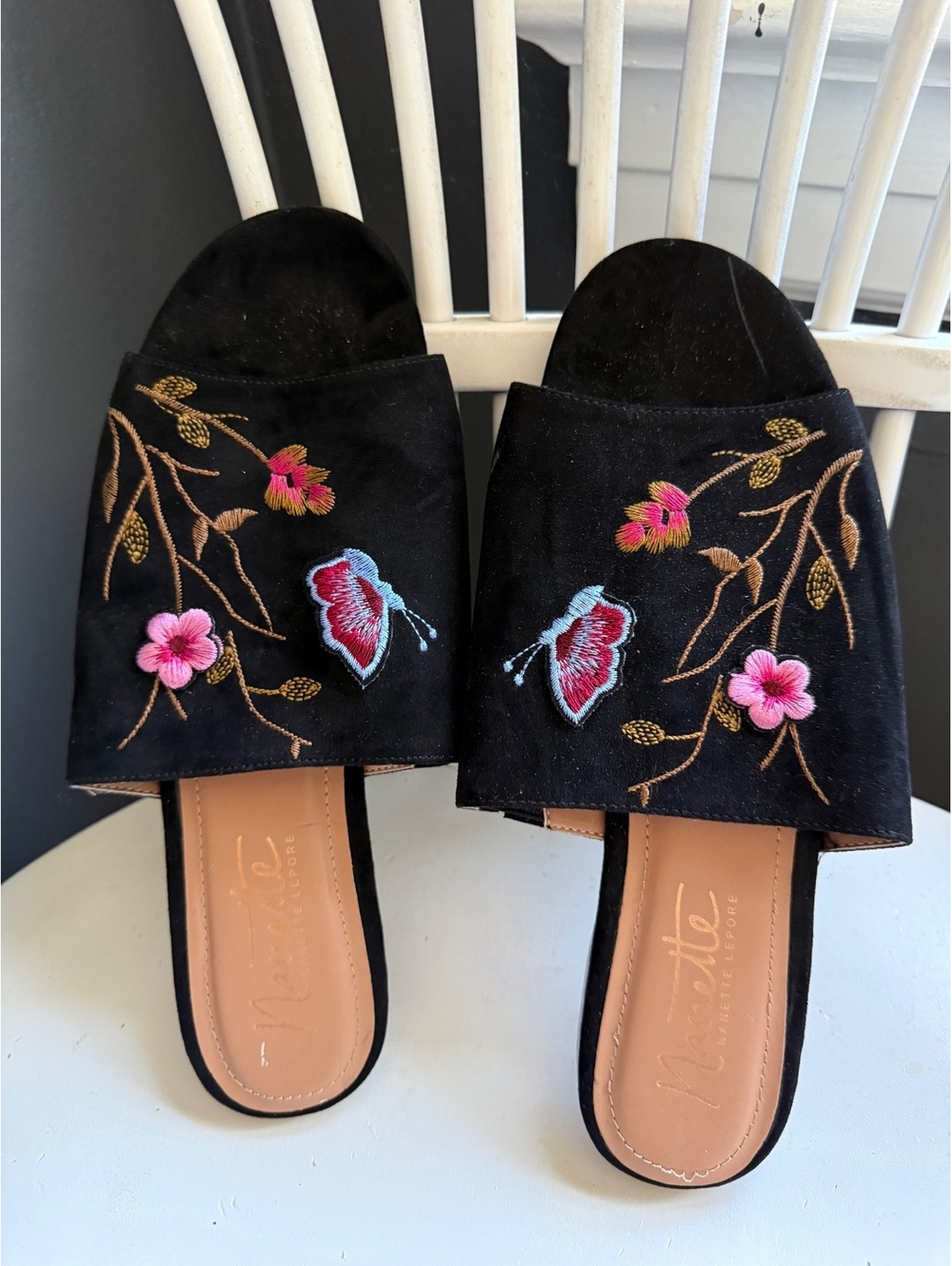 Nanette Lepore Black Embroidered Slide Sandals